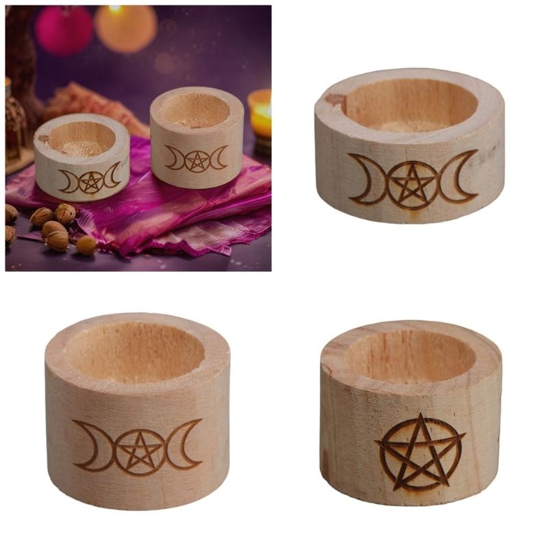 Wood Candlestick Pentacle Carved Tealight Holder Desk Decoration for Tarot Card Reader