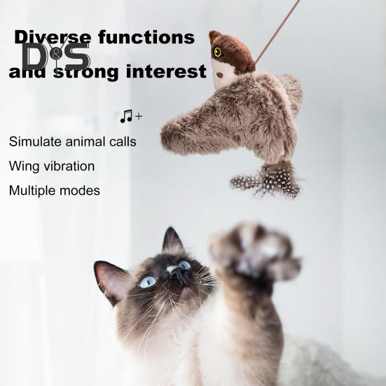 Interactive Flapping Wings Cat Toy Touch Activate Electric Flying Birds Toy with Chirping Sounds Indoor Hanging Simulation Plush Sparrow for Cats And