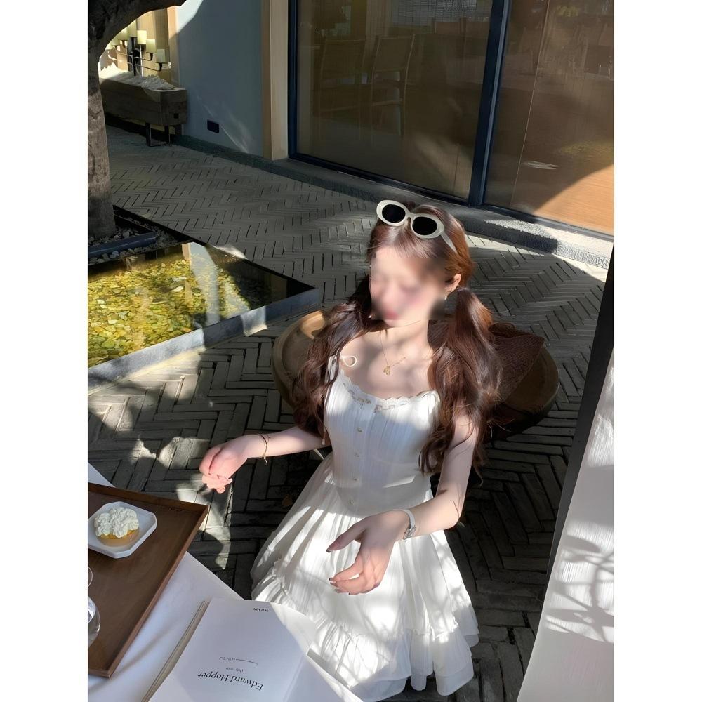 Women's Summer Casual Waist Skirt, New Spring Wear, Small White Suspender Dress