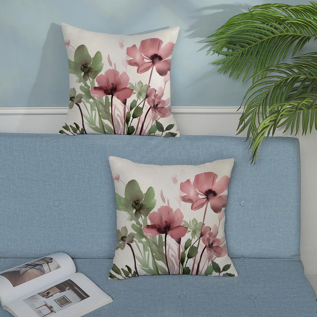 green Floral Pillow Cover Spring/Summer Country-Style Linen Blend Cushion Cover Universal for Living Room Sofa and Outdoor Use with Invisible Zipper