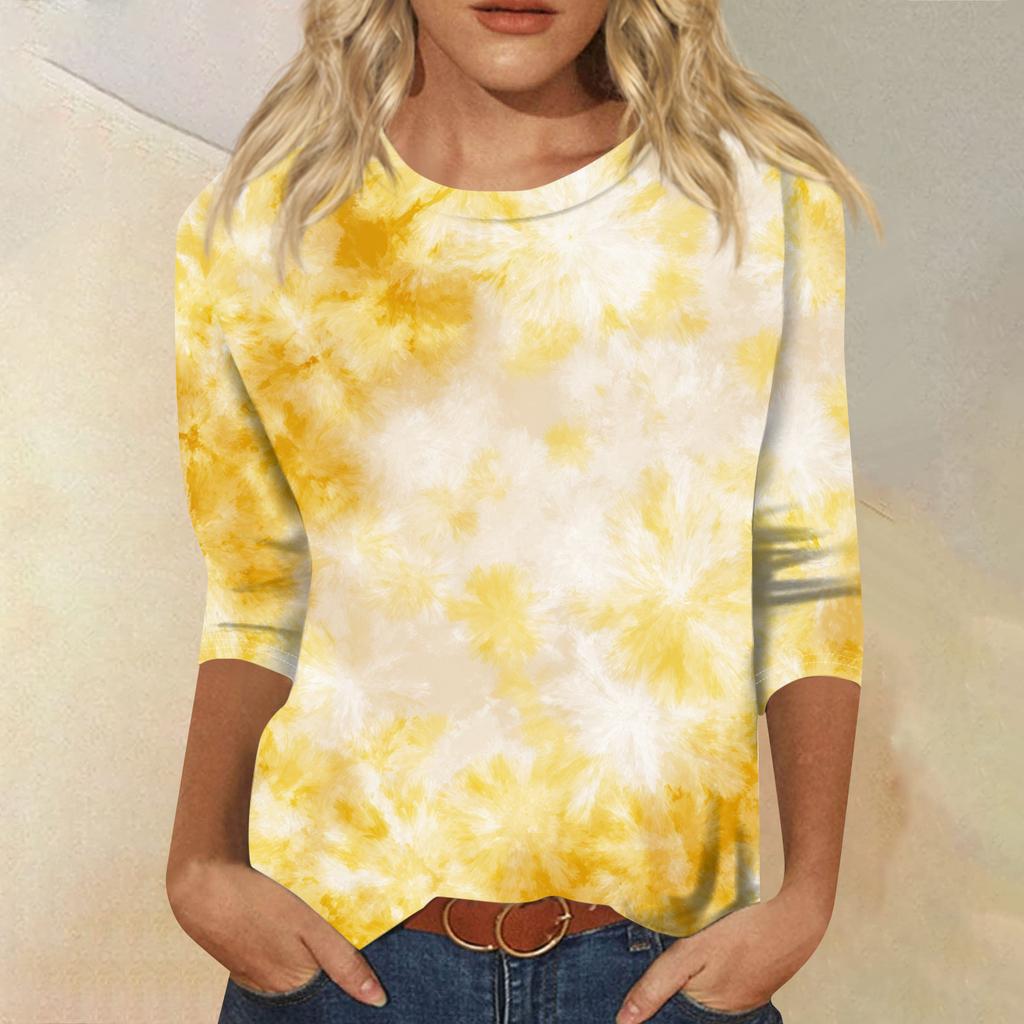 Women's Fashion Casual Round Neck Three-quarter Sleeve Gradient Print T-shirt Top