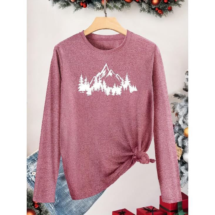 Christmas Elegant Long-sleeved Dress for Women Mountain and Forest Print Round Neck Summer Dress T Shirt Suitable for Spring Wear Summer Autumn