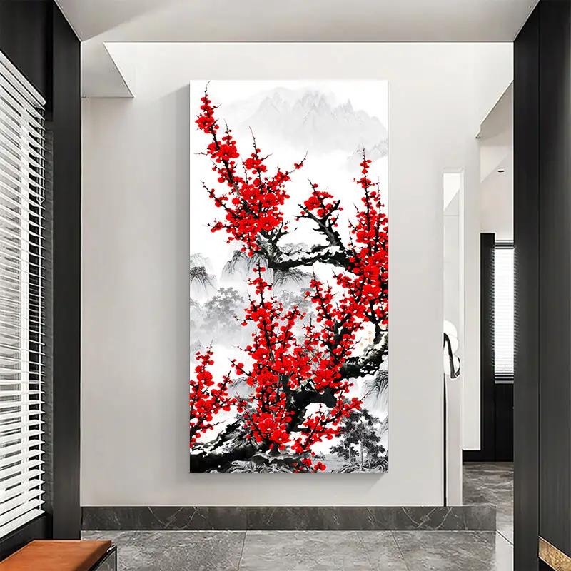 Red Plum Blossom Canvas Wall Art Print, Frameless Ink Painting Poster for Home Office, Living Room, Classroom Decor, Modern Art