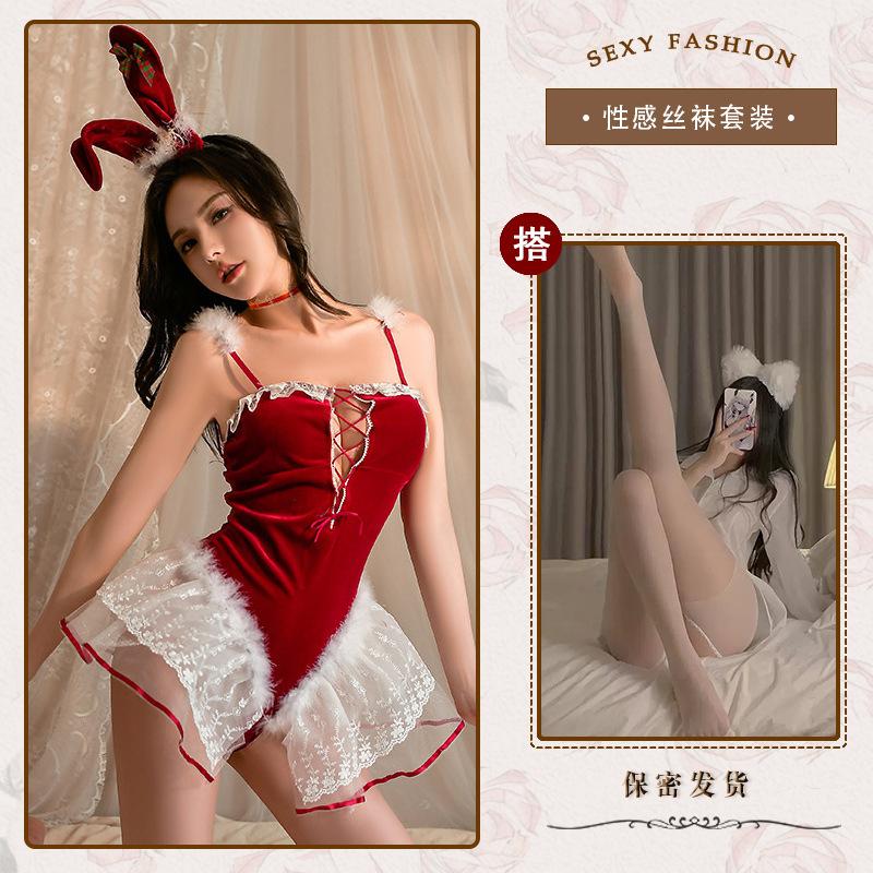 Velvet Embroidered Lace Lingerie Female Christmas Bunny Sexy Uniform Seduction Sao Perspective Suit Seduction