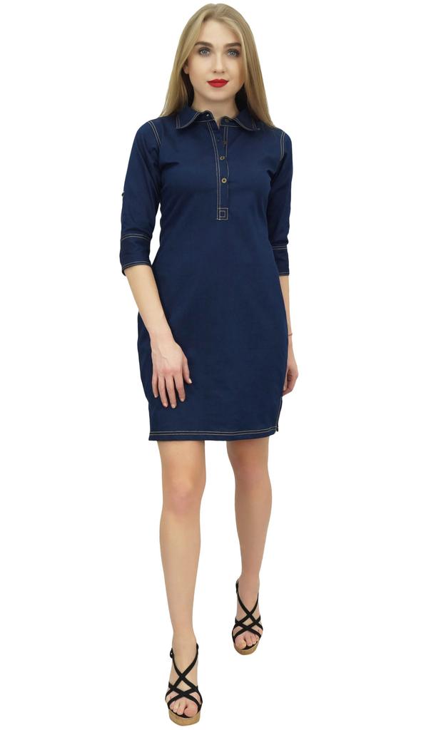 Bimba Women's Classic Collar Neck Denim Casual Dark Blue 3 4 Sleeve Dress -