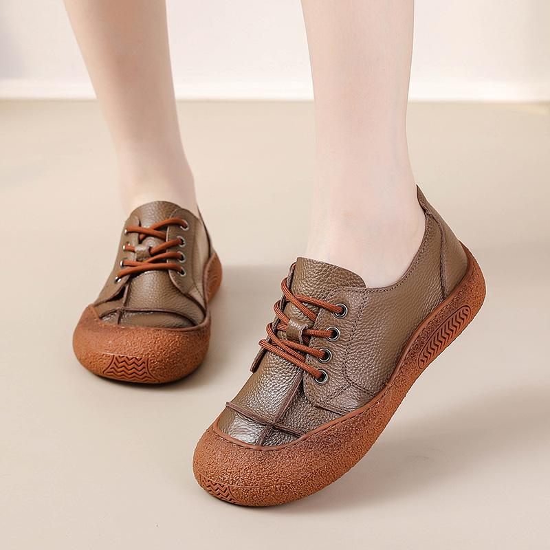 New Round Toe Oxfords Shoes For Woman Flat Laced Up Moccasins Wine Red Flats Women'S Genuine Leather Loafer Ladies Driving Flats