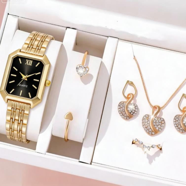 Popular Light Luxury Niche Women'S Watch Set, Female Student Fashion Square Watch Jewelry 6-Piece Set