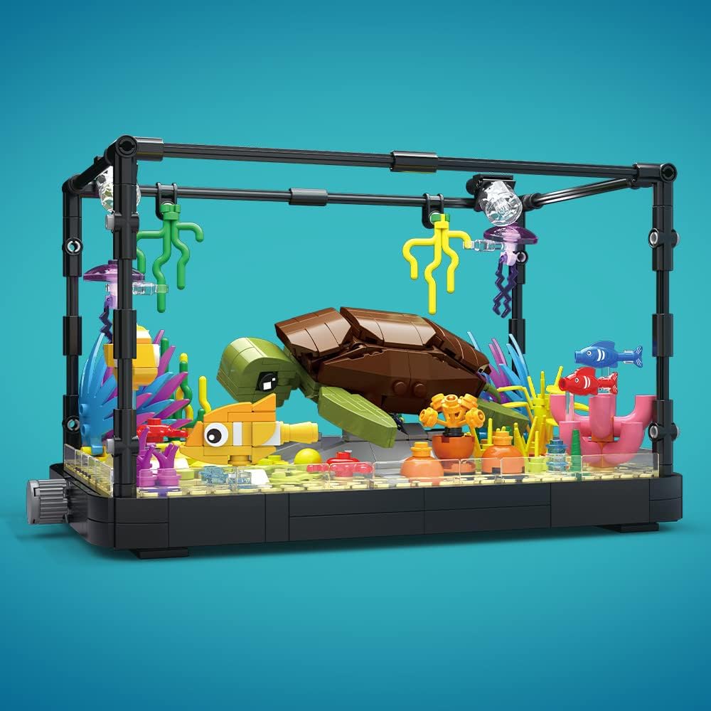 Ocean Fish Tank Aquarium Building Block Set with Turtle - DIY Toy Brick for Kids Creative Playset Home Decor Birthday Gift