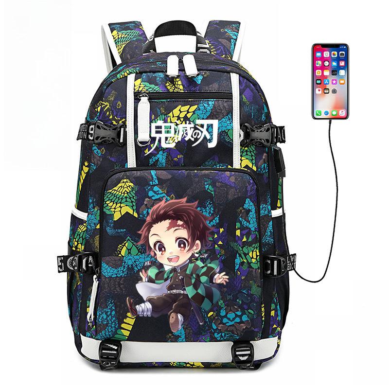 Japon dessin animé bande dessinée Demon Slayer Sac à dos élégant avec interface USB et grande capacité 0005
