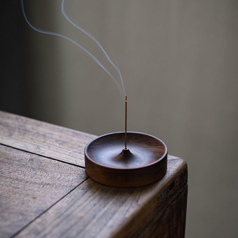 North American Black Walnut Round Solid Wood Incense Holder for Tea Ceremony, Handmade Agarwood Burner Base Tray