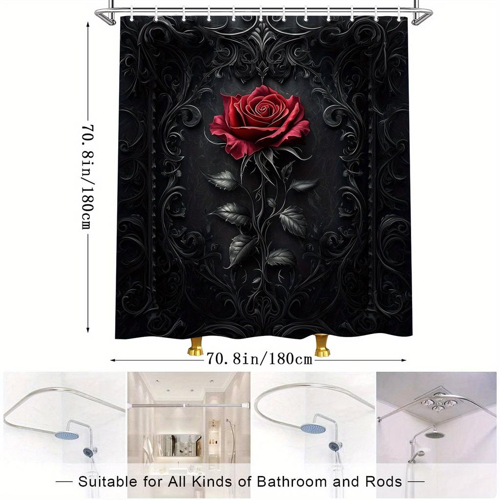 Gothic Red Rose Shower Curtain - Elegant Black Polyester, 3D Floral Design, 12 Hooks, Dramatic Ornate Decor