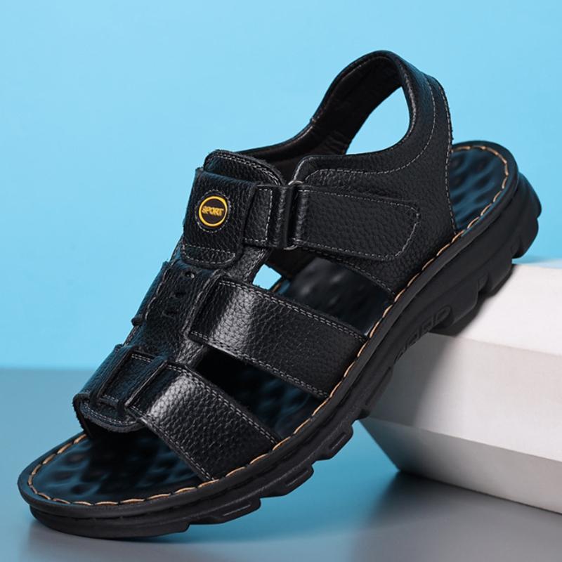 

Модные летние модные мужские сандалии дышащая мужская обувь кожаные уличные мужские сандалии противоскользящие пляжные сандалии полые туфли обувь 44 чёрный