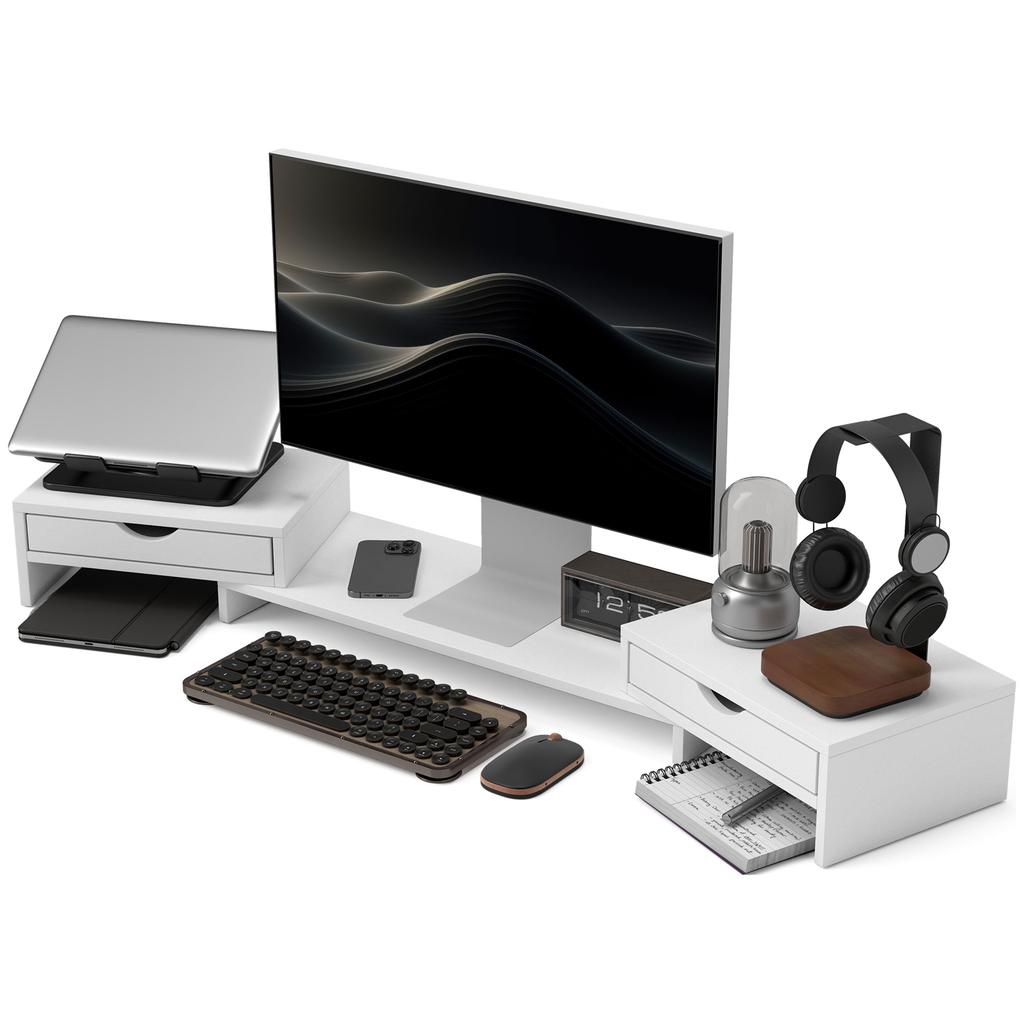 PC Screen Riser Desk Computer Monitor Stand 60-116 Cm with 2 Drawers, Adjustable Length and Angle