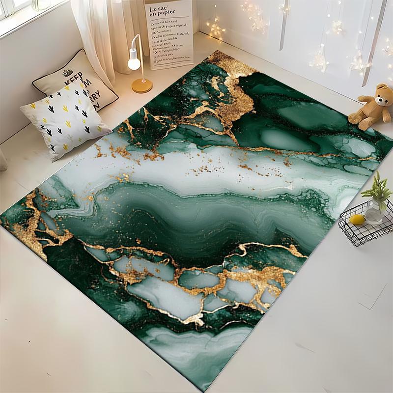 Elegant Green Marble with Gold Detailing – Non-slip rug suitable for living room and bedroom sofas.
