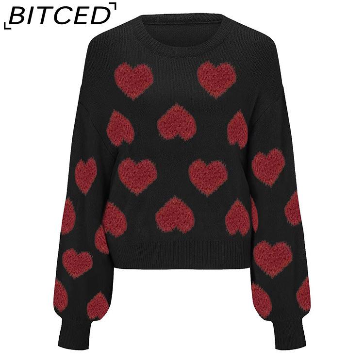 BITCED Bubble Sleeve Valentine's Pink Sweater Loose-Fit Sweet Heart-Patterned Cable-Knit Pullover