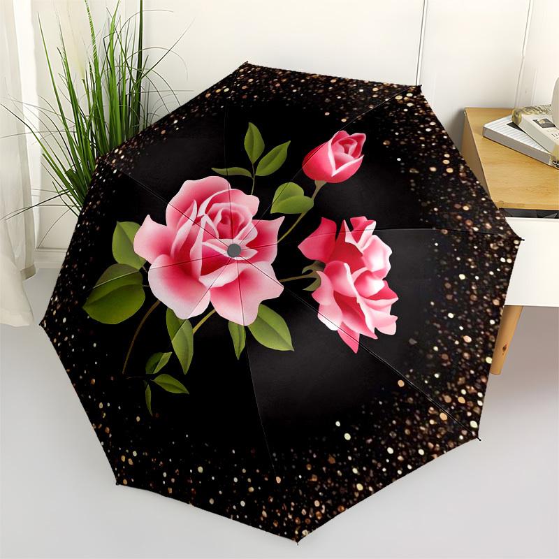 

1pc Pink Roses on Black Glitter Background Umbrella with Plastic Handle,Vibrant Cartoon Pattern,Multi-functional UmbrellaPT207
