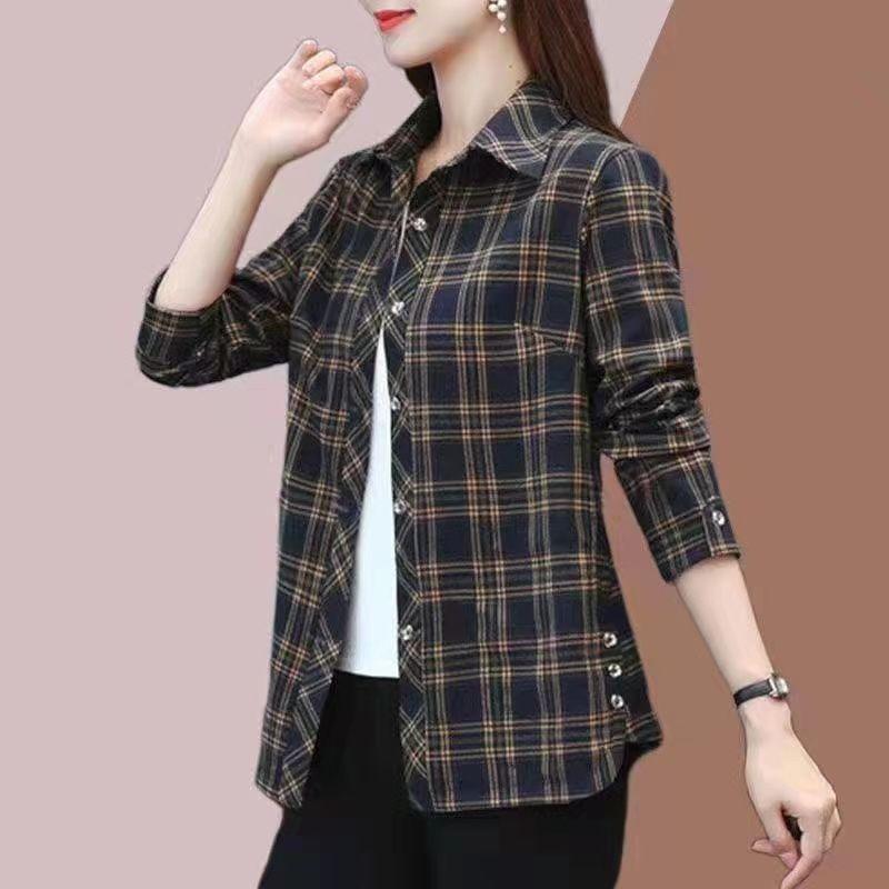 Spring Autumn Elegant Fashion Harajuku Plaid Tops Women Loose Casual All Match Lady Shirt Polo Button Long Sleeve Blusa