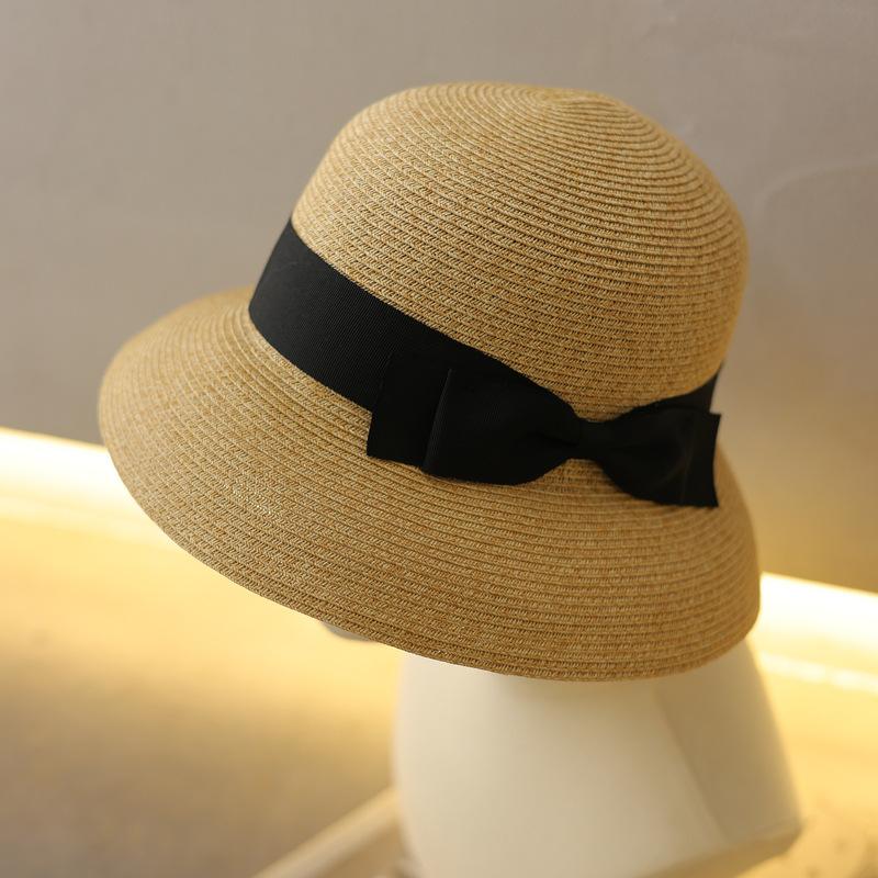 Hepburn style temperament bow elegant straw hat spring and summer retro travel vacation sunshade basin hat women