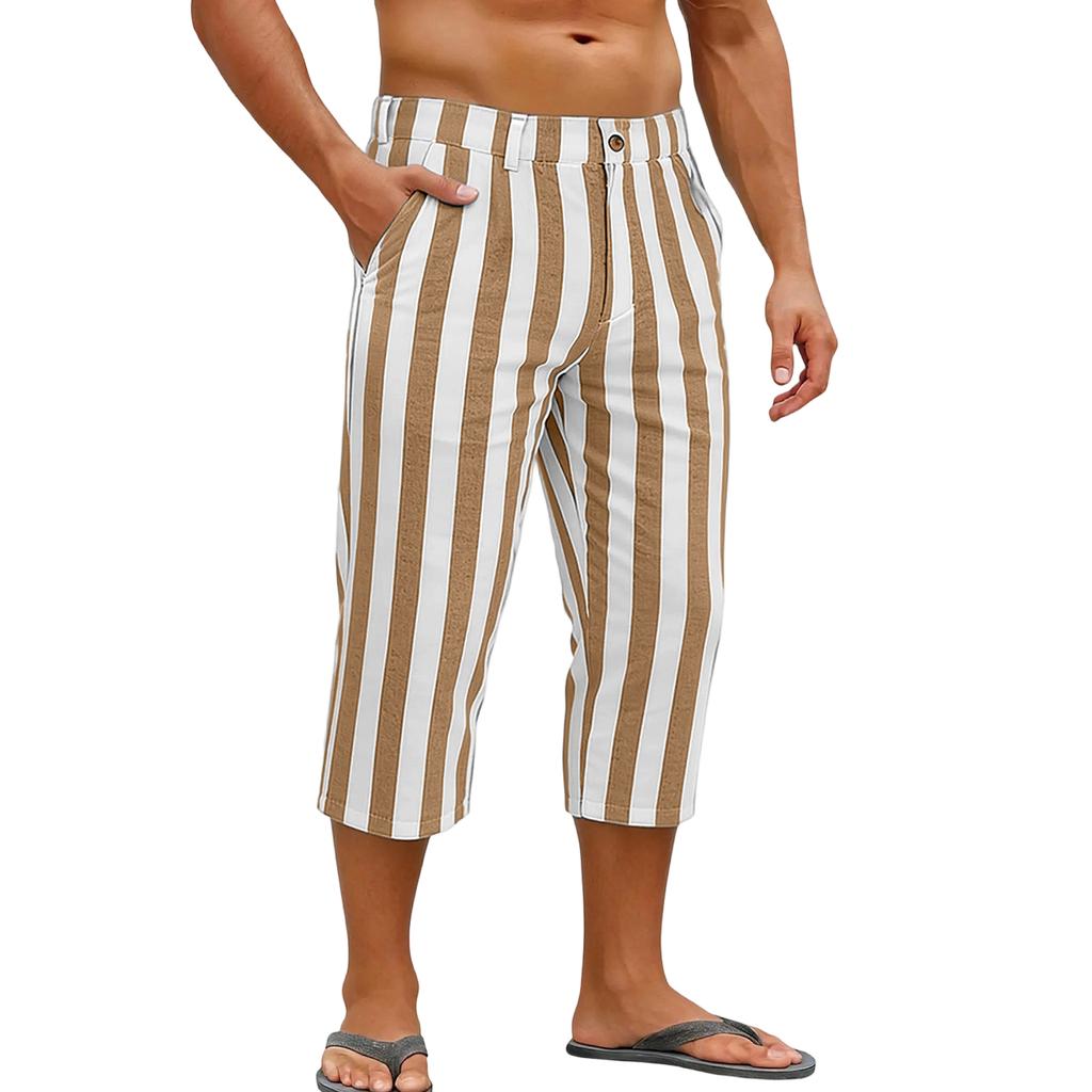 Men's Sports and Casual Striped Cropped Pants with Elastic Waist Straight Leg