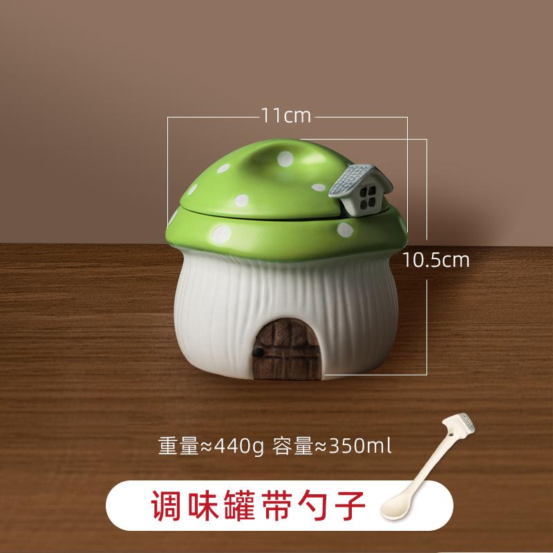 Ceramic Red Mushroom Seasoning Jar Set Kitchen Ceramic Salt Sugar Jar Soy Sauce Vinegar Bottle Home Ceramic Spice Box with Spoon