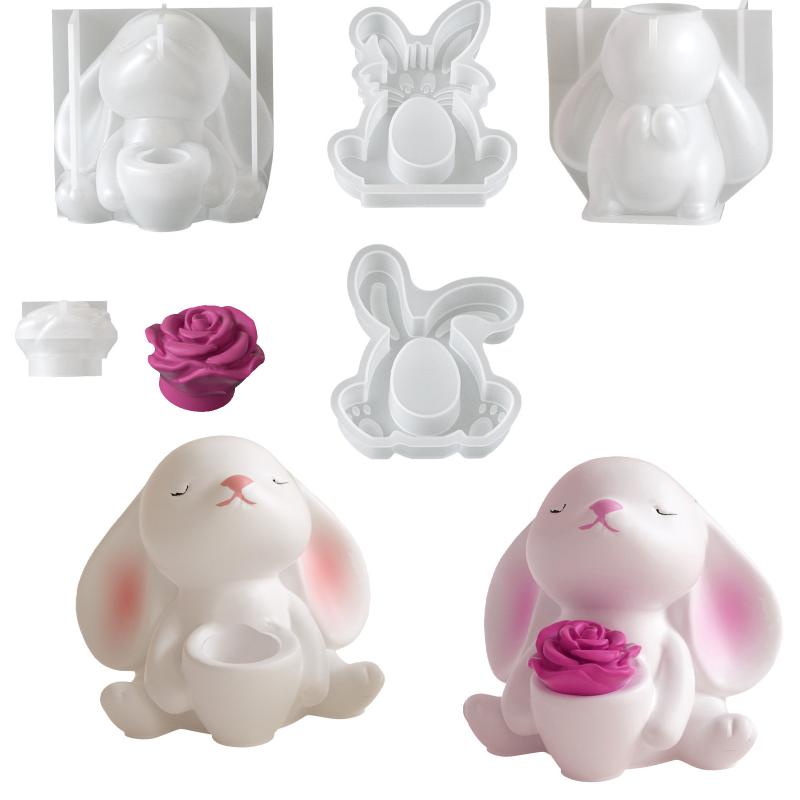 Cute 3D Rabbit Silicone Mold Bunny Aromatherapy Cup Gypsum Candle Mold Easter Diy Craft Moulds Reusable Handmade Tool Home Decor