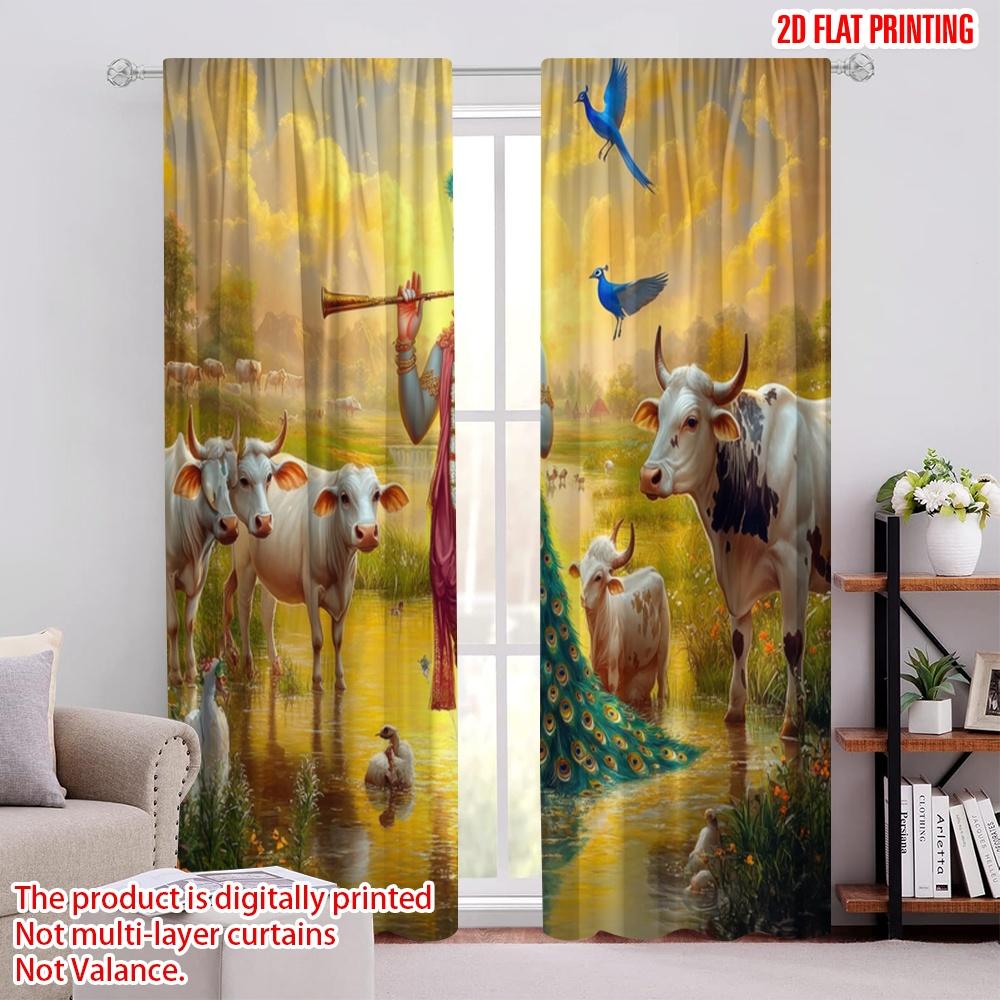 

2pcs,2D plane printing Creative Curtains Krishnas Serenade Polyester Woven (without rod) Room Decor Ldeal for Bedroom, Living 52.50 × 116.00 cm 2 pcs