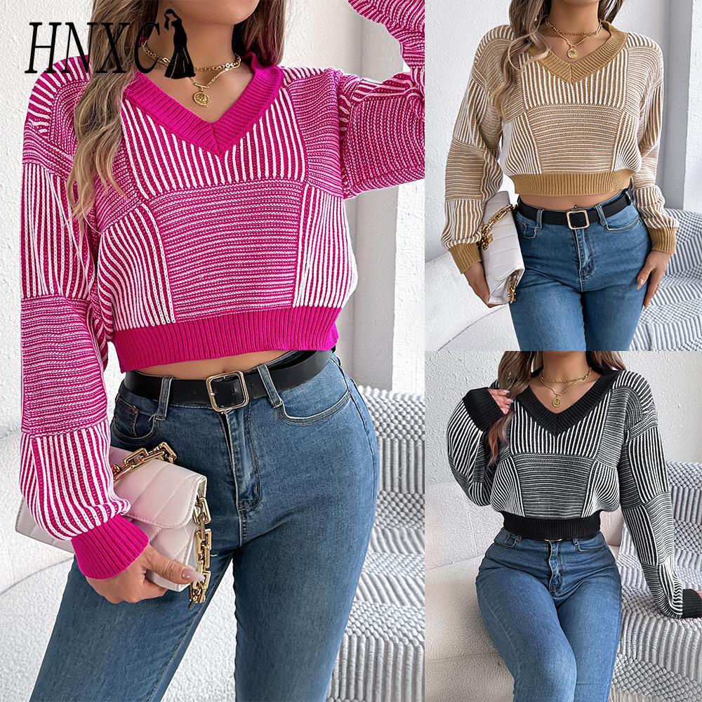 HNXC Autumn and Winter Casual Striped Lantern Sleeve Pullover Crop Top Women's Sweater