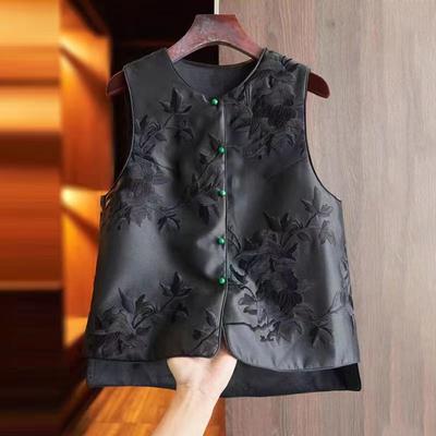 Chinese Style Tang Suit Acetate Satin Vest Jacket Women's Spring Autumn Fashion Heavy Embroidery Shoulder Pad Sleeveless Top
