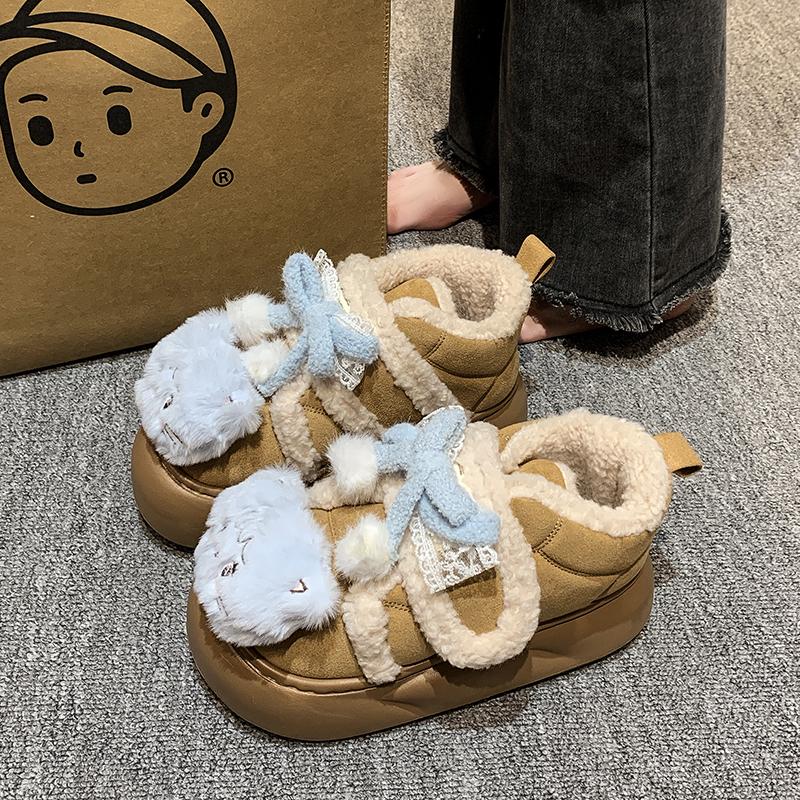 Fashion Women's Fashion Flat Shoes Winter New Round Head Suede Cartoon Decoration Thick Soles Soft Soles Non-slip Low Top Shoes