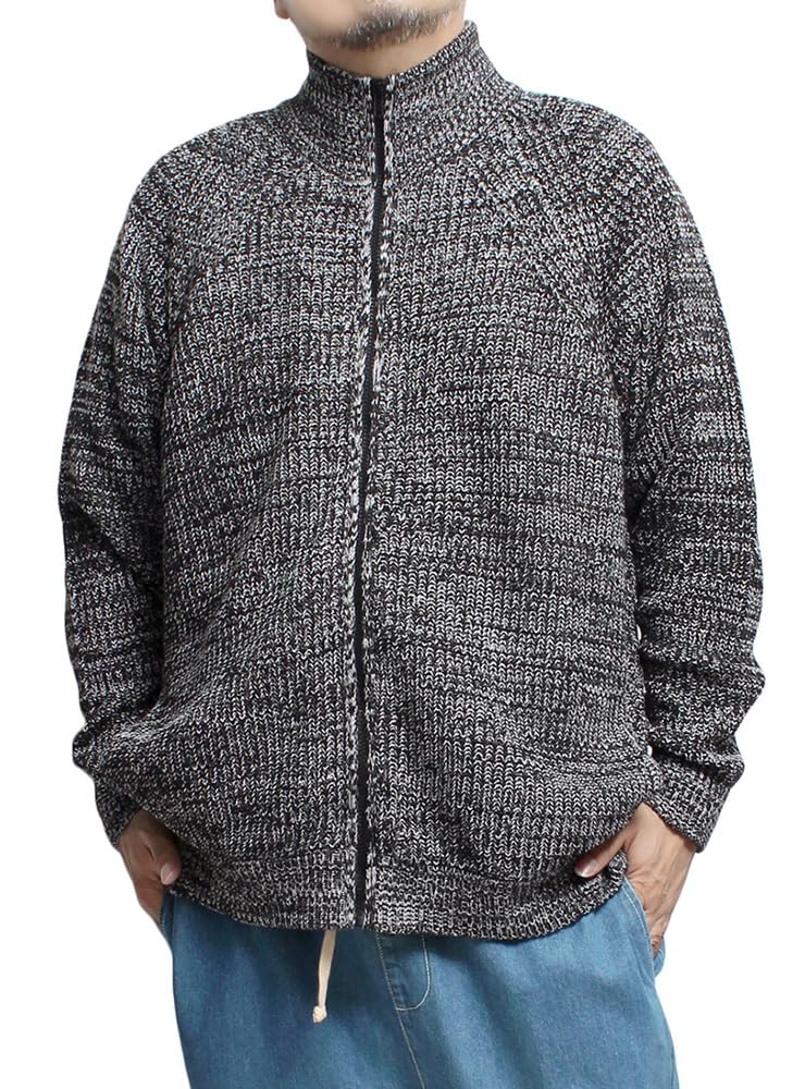 One Colors Knit Thick Stand Size Black Mix Men's Blouson, Zip-Up Sweater/Cardigan, 5L,