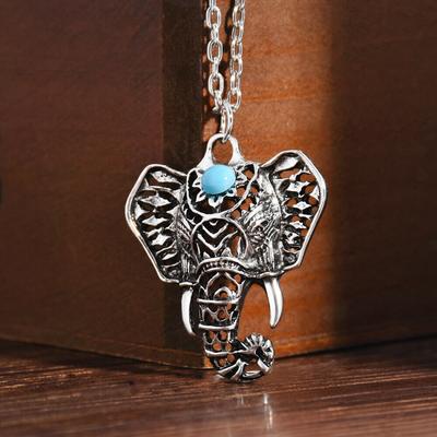 Retro Boho Turquoise Silver Zinc Alloy Plated Elephant Pendant Necklace Women Sweater Chain