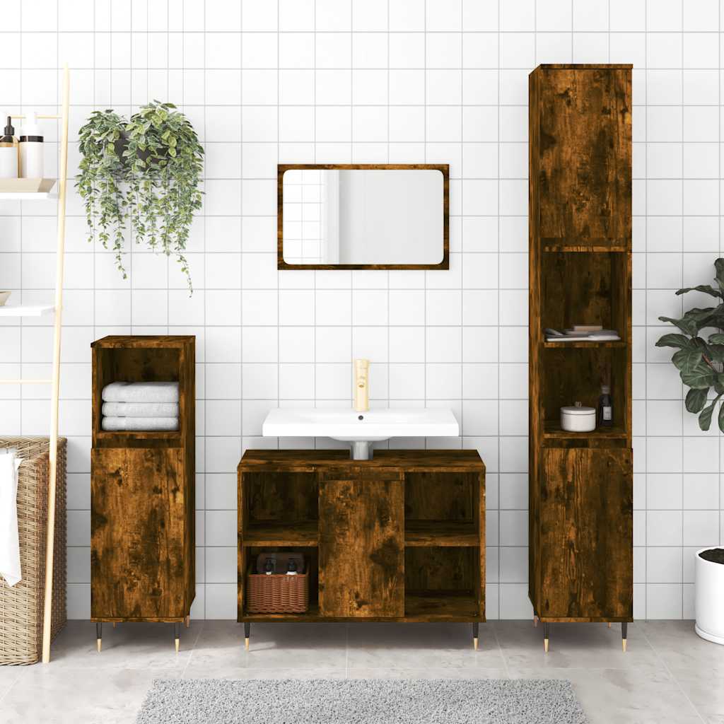 Bathroom Cabinet Smoked Oak 30 X 30 X 100 Cm Engineered Wood