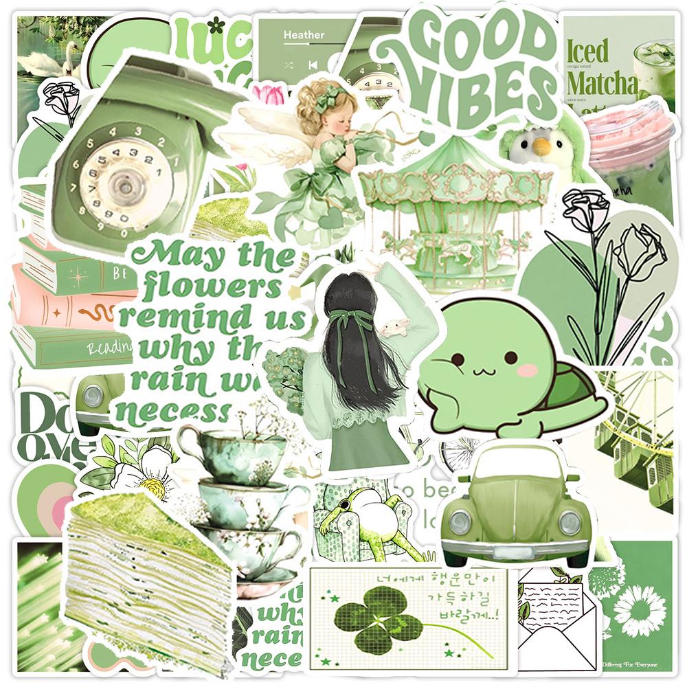 10/30/50pcs Green Vintage Cartoon Aesthetic Stickers Kawaii Girls Decal DIY Scrapbooking Notebook Laptop Waterproof Sticker Gift