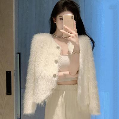 Beyaz Uzun Saç Vizon Polar Hırka Kadın İlkbahar ve Sonbahar Ünlü Moda Küçük Kokulu Stil Yabancı Kısa Hırka Ceket