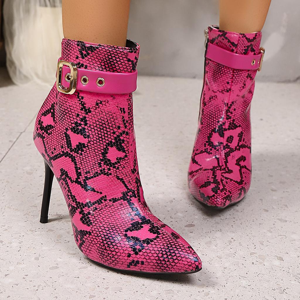 Sexy Hot Pink Super High Heel Boots Women 2025 Autumn Metal Belt Buckle Ankle Booties Serpentine Nightclub Shoes
