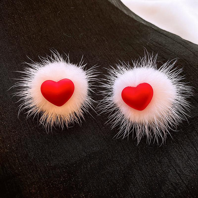 Snowflake Red Bow Hairball Earrings Creative Versatile Earrings Autumn and Winter Earrings