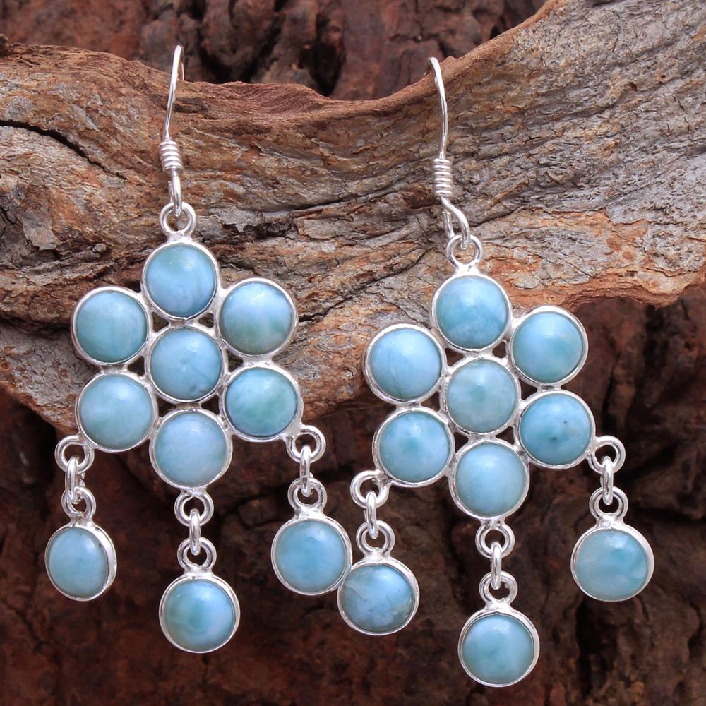 

Серьга из лунного камня и ларимара, серебро 925 пробы, украшения ручной работы, украшения с цветами, серьга-подвеска синий