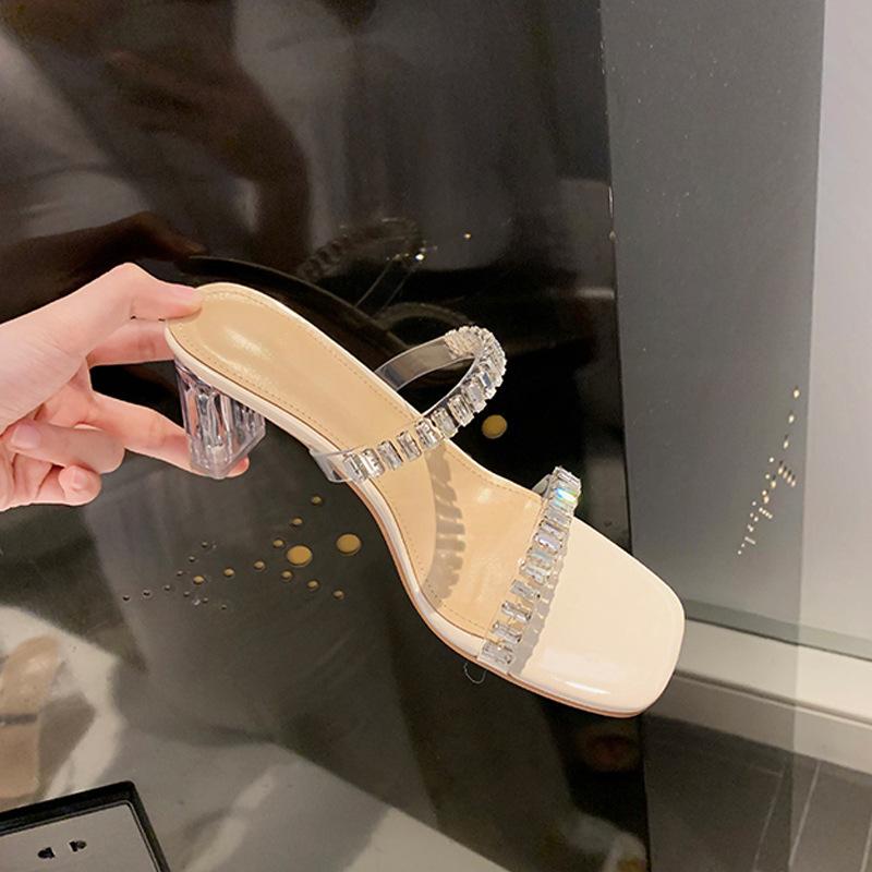 

Летние новые туфли-лодочки с квадратным носком и стразами, из прозрачного ПВХ, на толстом каблуке, актриса, хрустальный каблук, носить прохладные шлепанцы 40