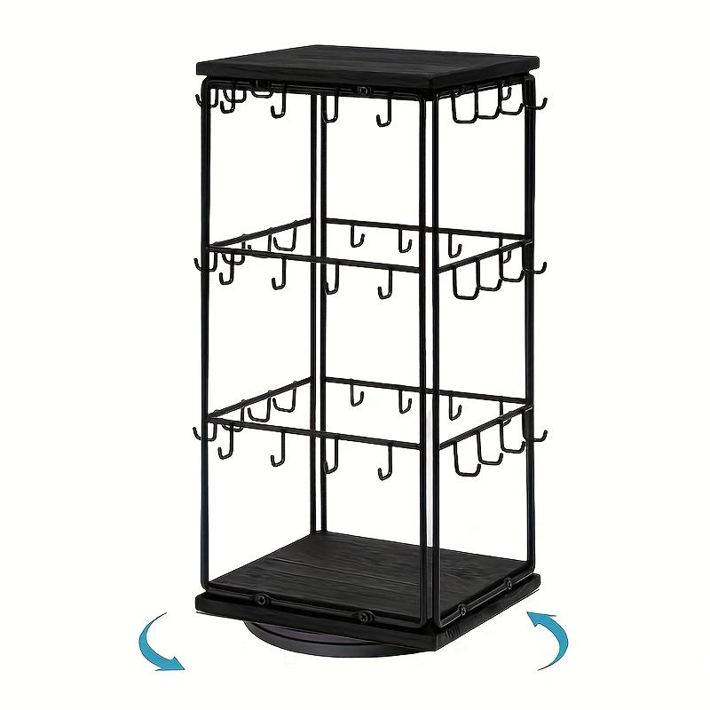 360° Rotating Wooden Jewelry Display Rack - Earring Stud Ring Organizer Tower with Hooks
