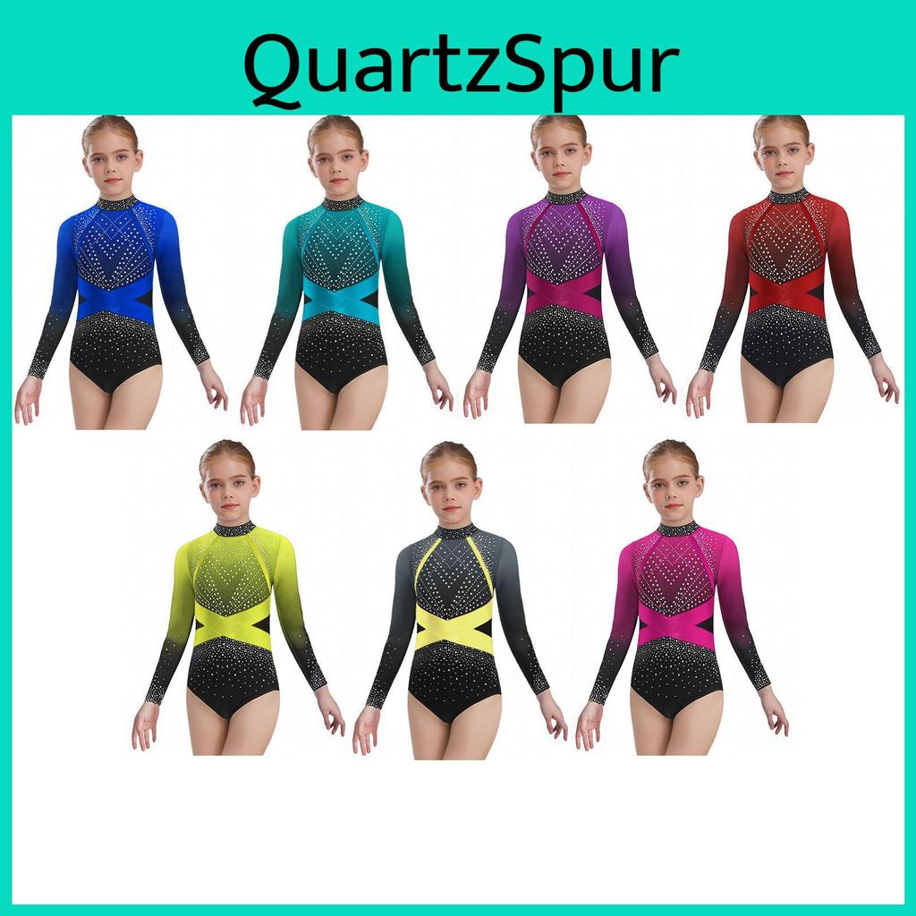 Performance Ballett Farbe Mädchen Outfit Block Leotard Langarm Mit Glänzenden Strasssteinen Standard Tanzbekleidung