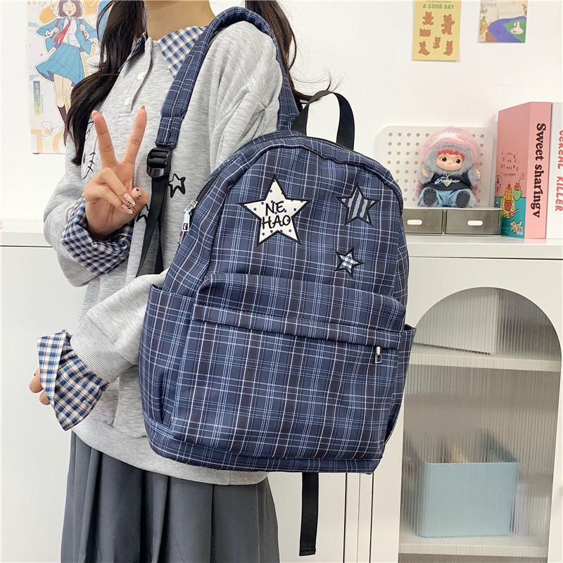 Schoolbag Korean star plaid polka dot backpack female student schoolbag college style commuting large capacity dirt resistant backpack