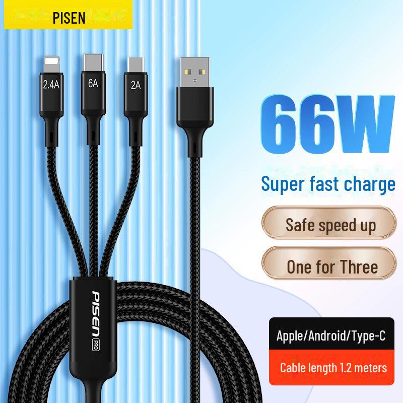 PISEN 3-in-1 Multi-Function Charging Cable: Compatible with Apple 14, Android, Type-C Devices.