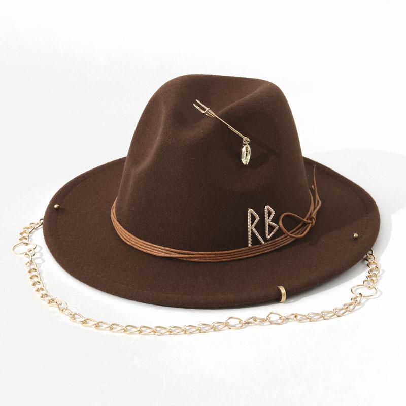 

chain fedoras hats for women luxury designer brand church hats ladies elegant wedding hat 56-58CM темно-коричневого кольору