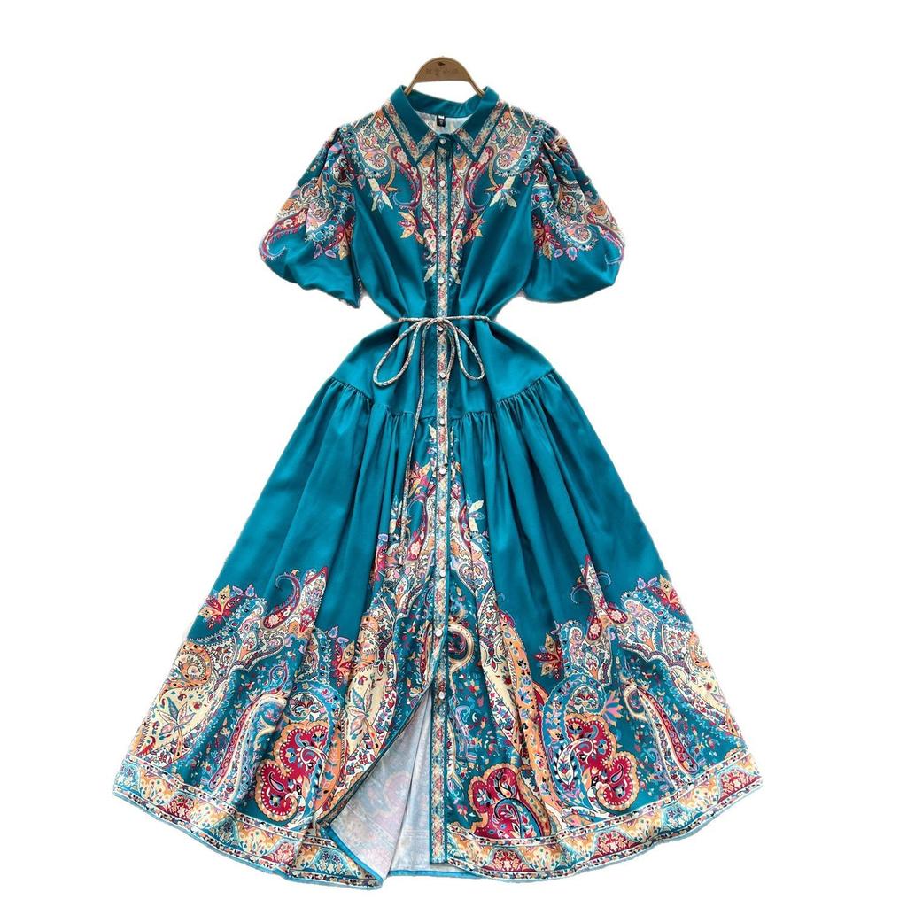 Letnia Moda Sukienka Damska z Kołnierzykiem i Rękawami Latarniami, z Wcięciem w Talii, Wyszczuplająca i Elegancka Sukienka z Nadrukiem w Plisy