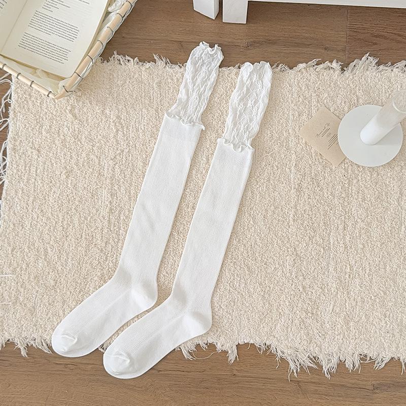 Damskie wiosenne i jesienne cienkie seksowne patchworkowe długie skarpety z koronkowym wykończeniem, jednokolorowe podkolanówki do ud, noszone z butami za kolano