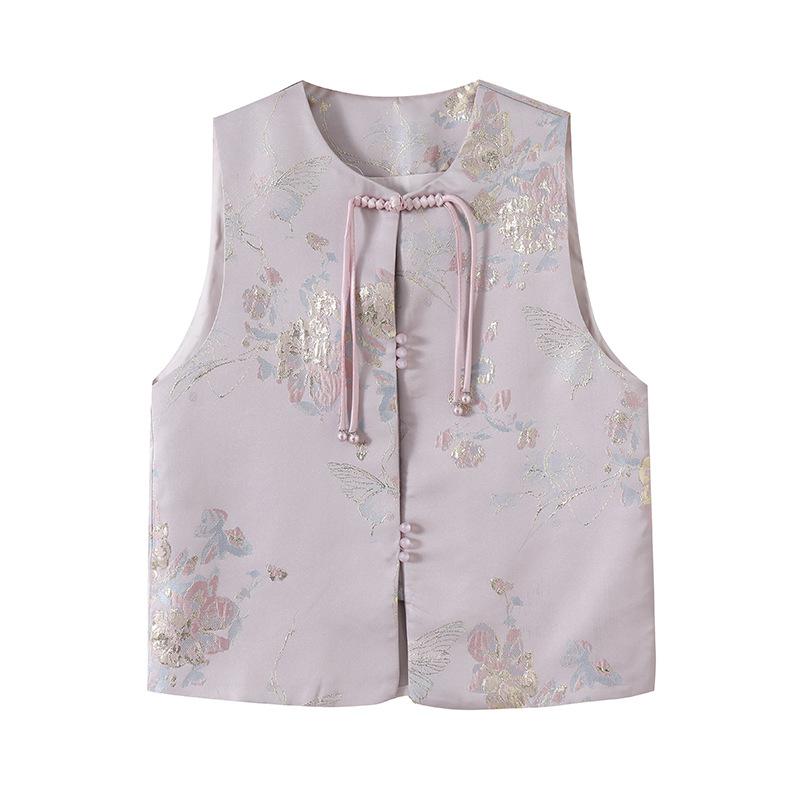 Single Round Neck Brocade Vest Retro Buckle Temperament Vest Woven Versatile