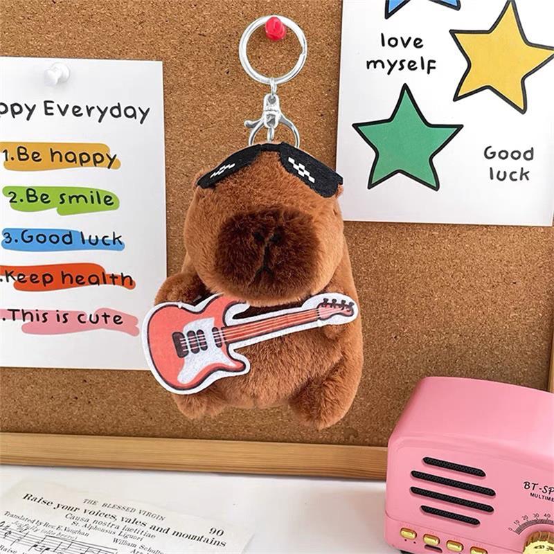 Guitar Kapibala Plush Toy Cartoon Capybara Pendant Soft Stuffed Doll Keychain Car Key Ring Backpack Bag Decor