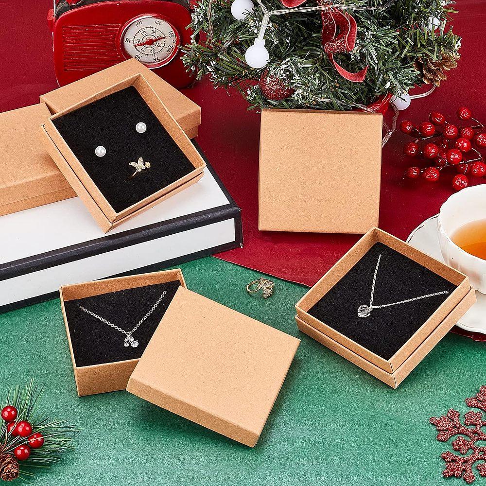 12pcs Kraft Paper Jewelry Boxes with Black Sponge Inside Square BurlyWood 3-5/8x3-5/8x1-1/8 Inch(9.2x9.2x3cm)