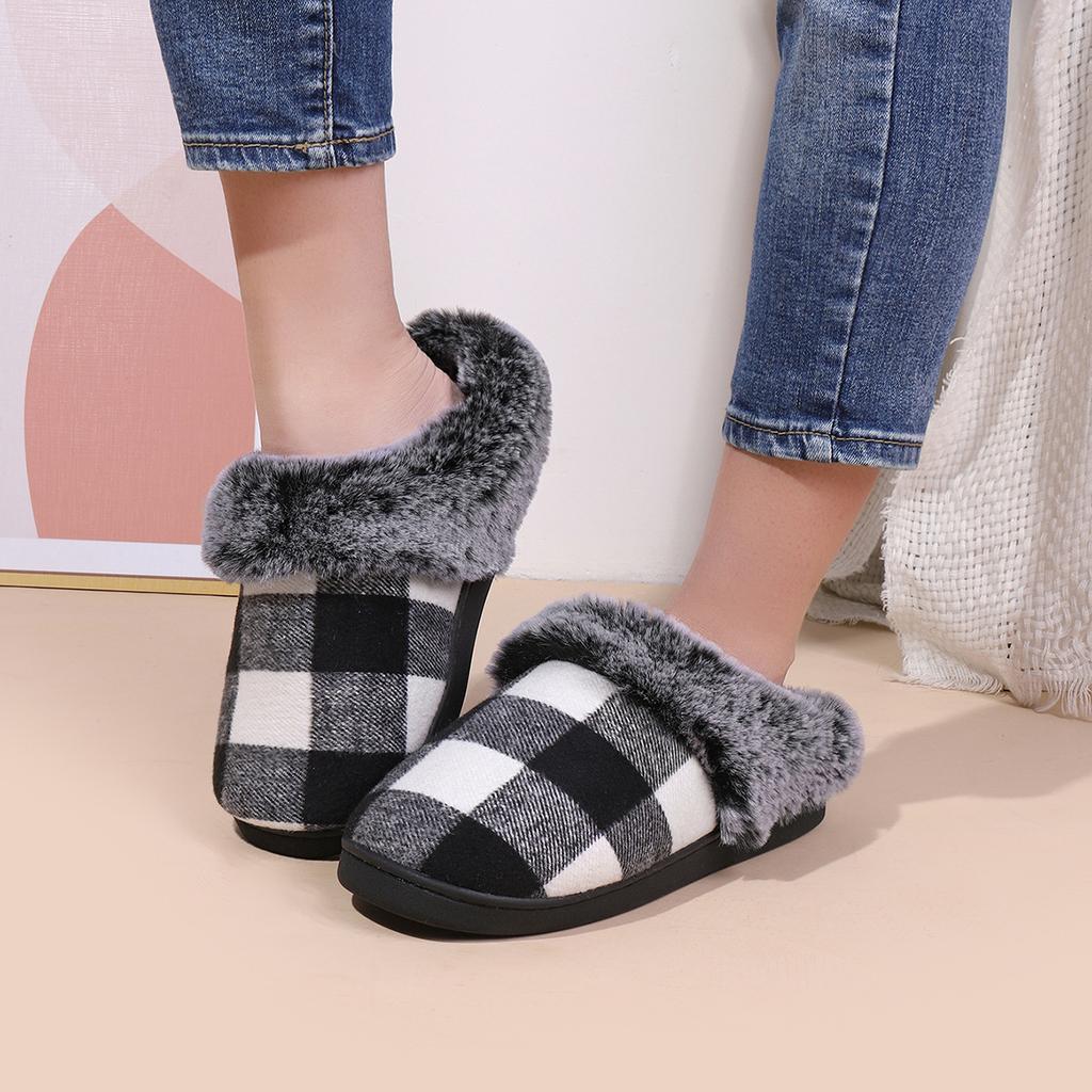 Retro Plaid Plush Slippers for Women Men Soft Faux Fur House Cotton Slippers