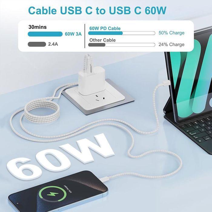 3 Câble USB-C vers USB-C 60W - E.F.Connection - pour iPhone 17 Pro Max iPhone 17 16 15 - 1M Charge Rapide